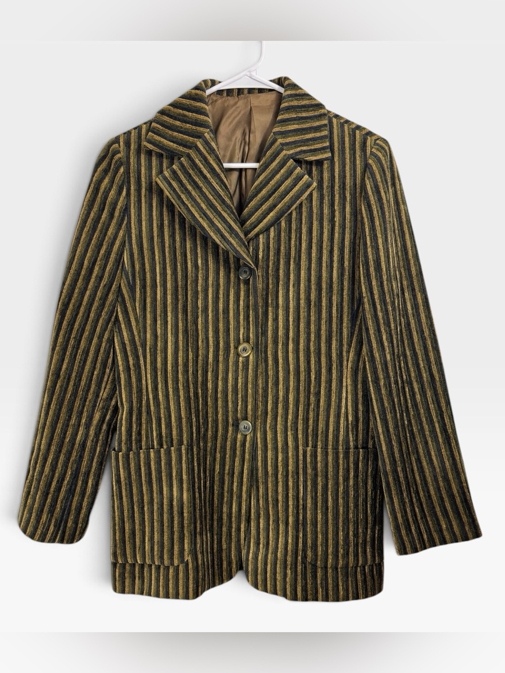 Vintage 60s 70s Moss Green Velvet Corduroy Striped Blazer Jacket Size XS/S C36"